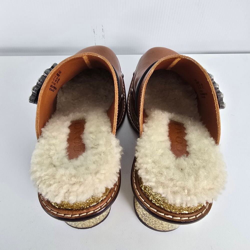 Coach Clog Slide Glitter Heel Brown Leather Shearling Insole Swarovski Crystal 7 - Picture 7 of 13